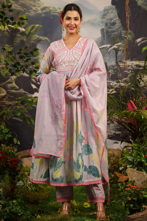 Gul Lilac Mulmul Embroidered Anarkali Set