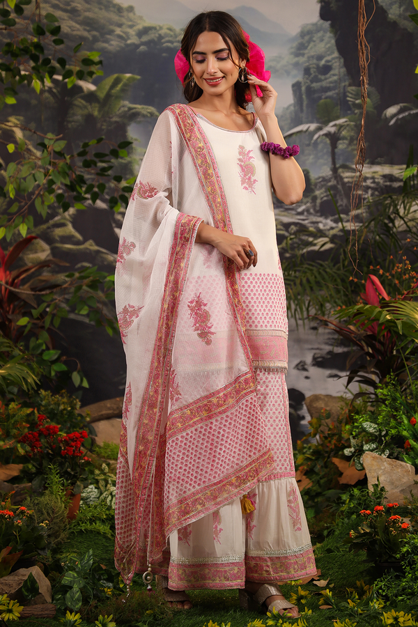 Gul White Pink Makhamali Handblock Floral Sharara Set