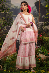 Gul White Pink Makhamali Handblock Floral Sharara Set