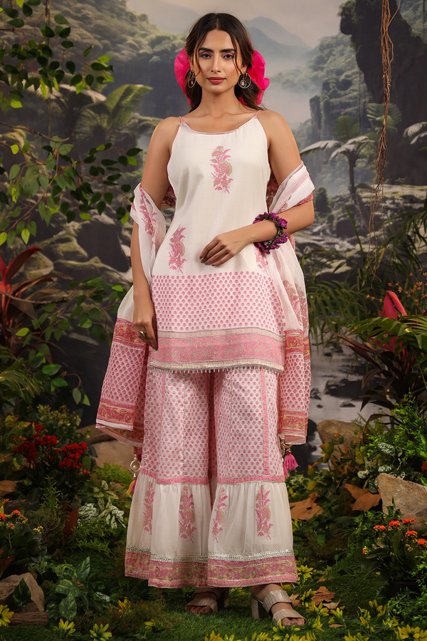 Gul White Pink Makhamali Handblock Floral Sharara Set