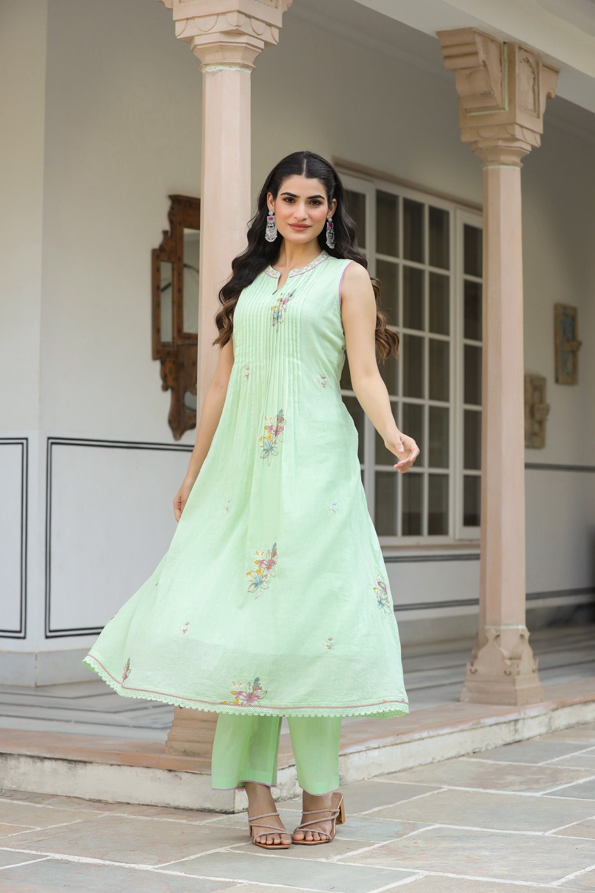 Light Green Mul Mul Embroidered Anarkali Suit Set With Dupata