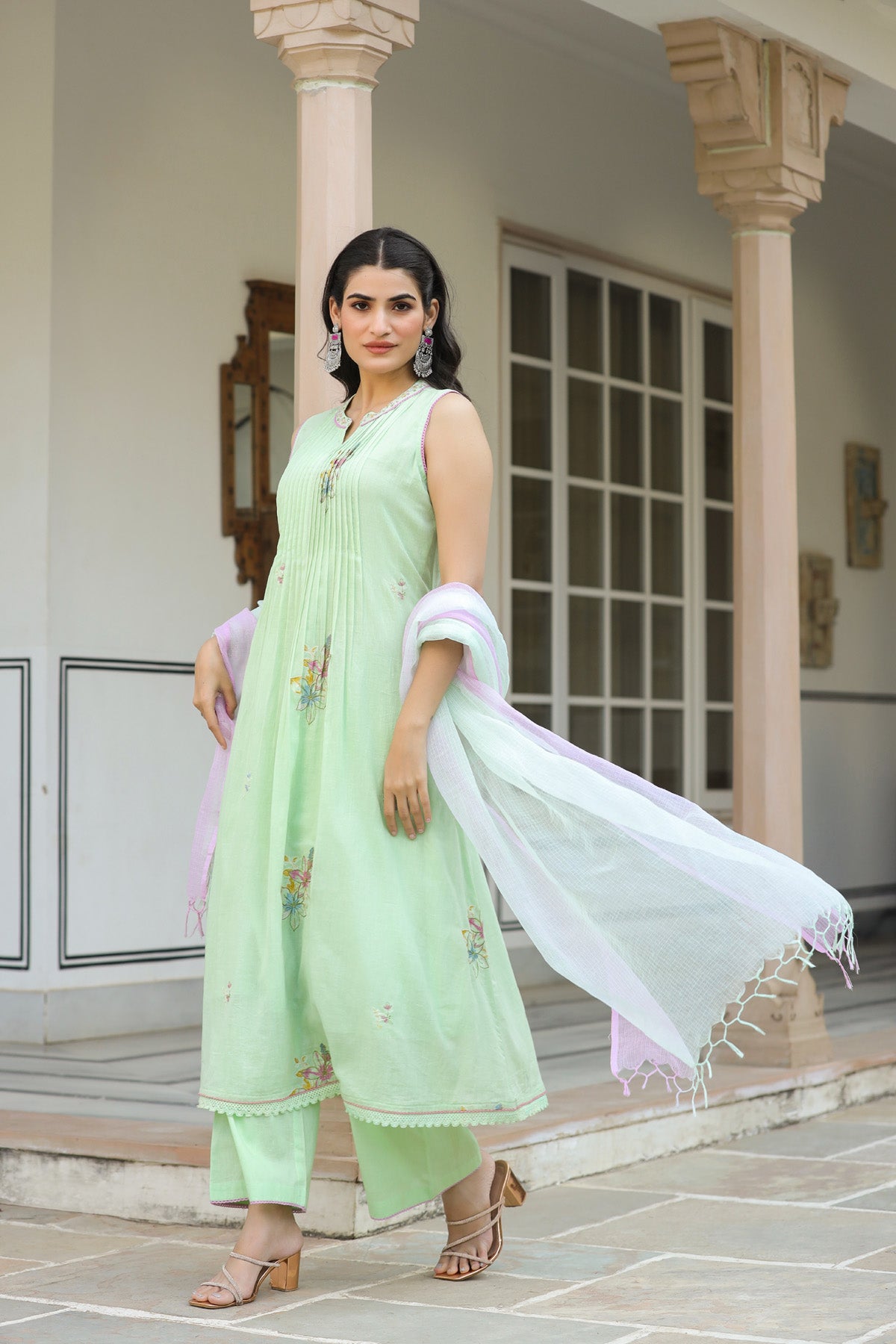 Light Green Mul Mul Embroidered Anarkali Suit Set With Dupata