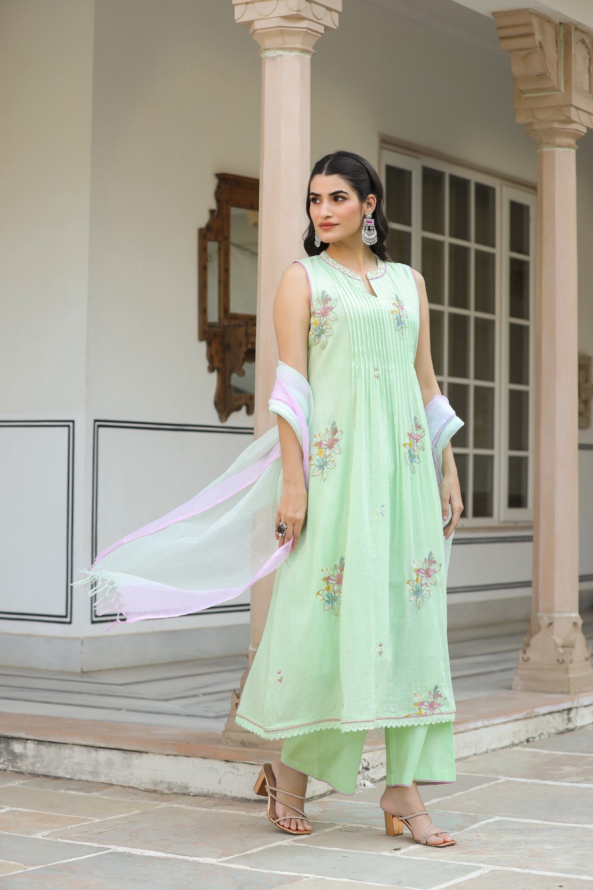 Light Green Mul Mul Embroidered Anarkali Suit Set With Dupata