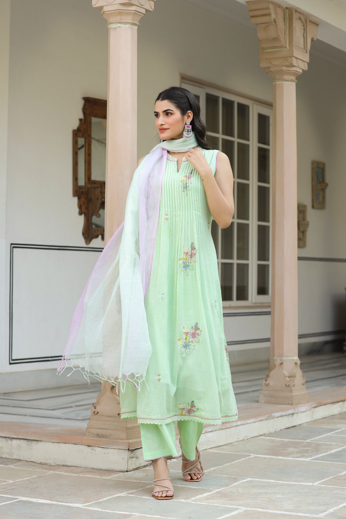 Light Green Mul Mul Embroidered Anarkali Suit Set With Dupata