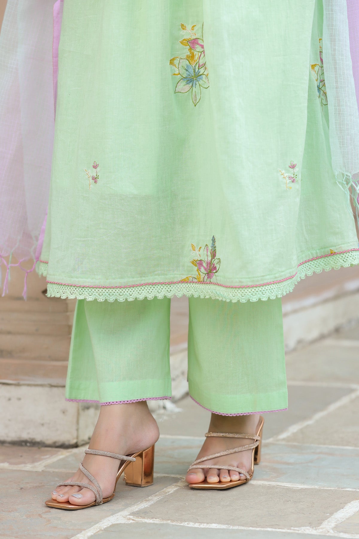 Light Green Mul Mul Embroidered Anarkali Suit Set With Dupata