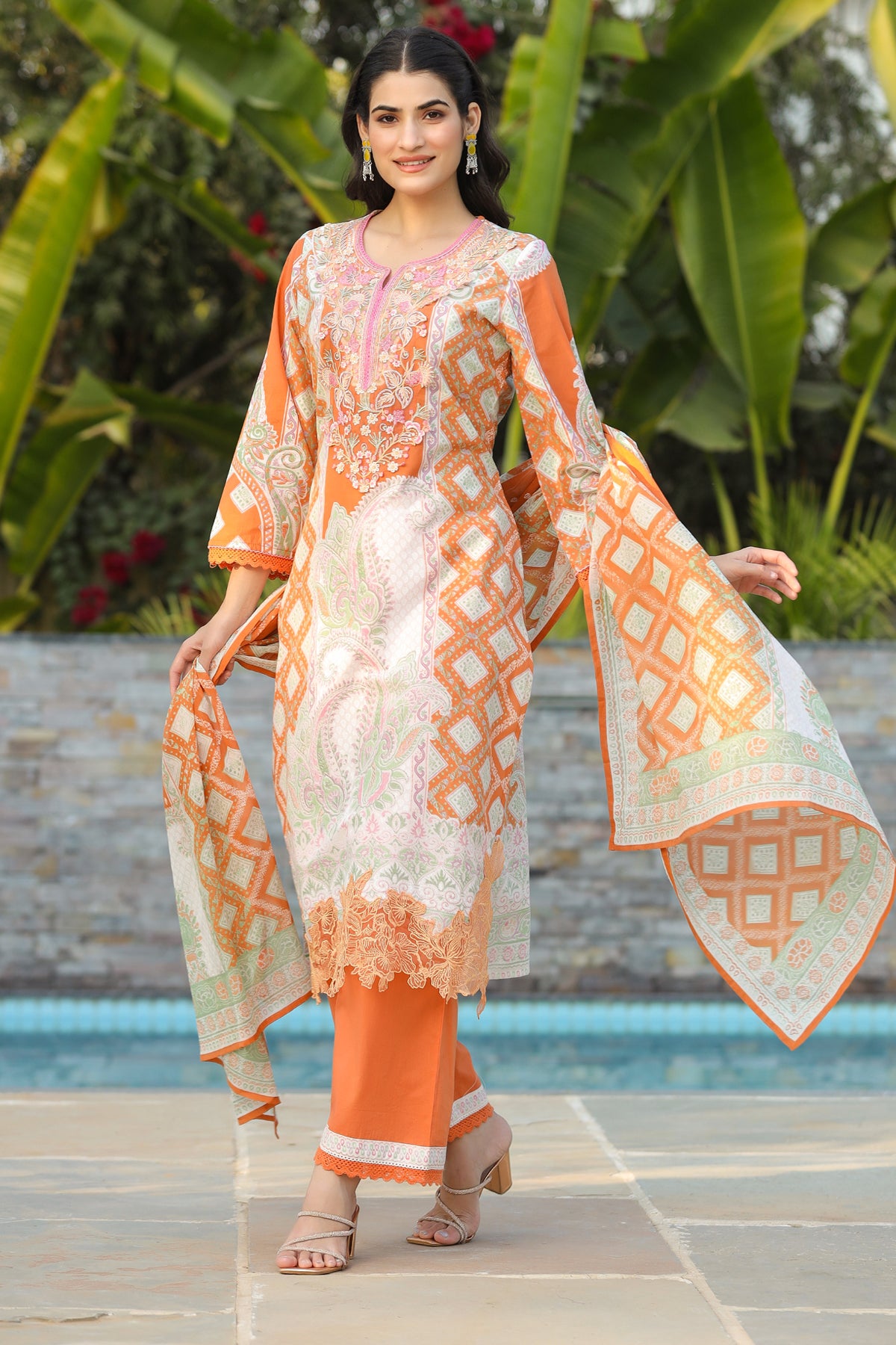 Orange Cotton Embroidered Suit Set