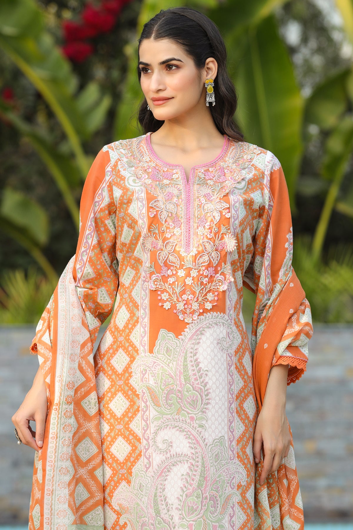 Orange Cotton Embroidered Suit Set