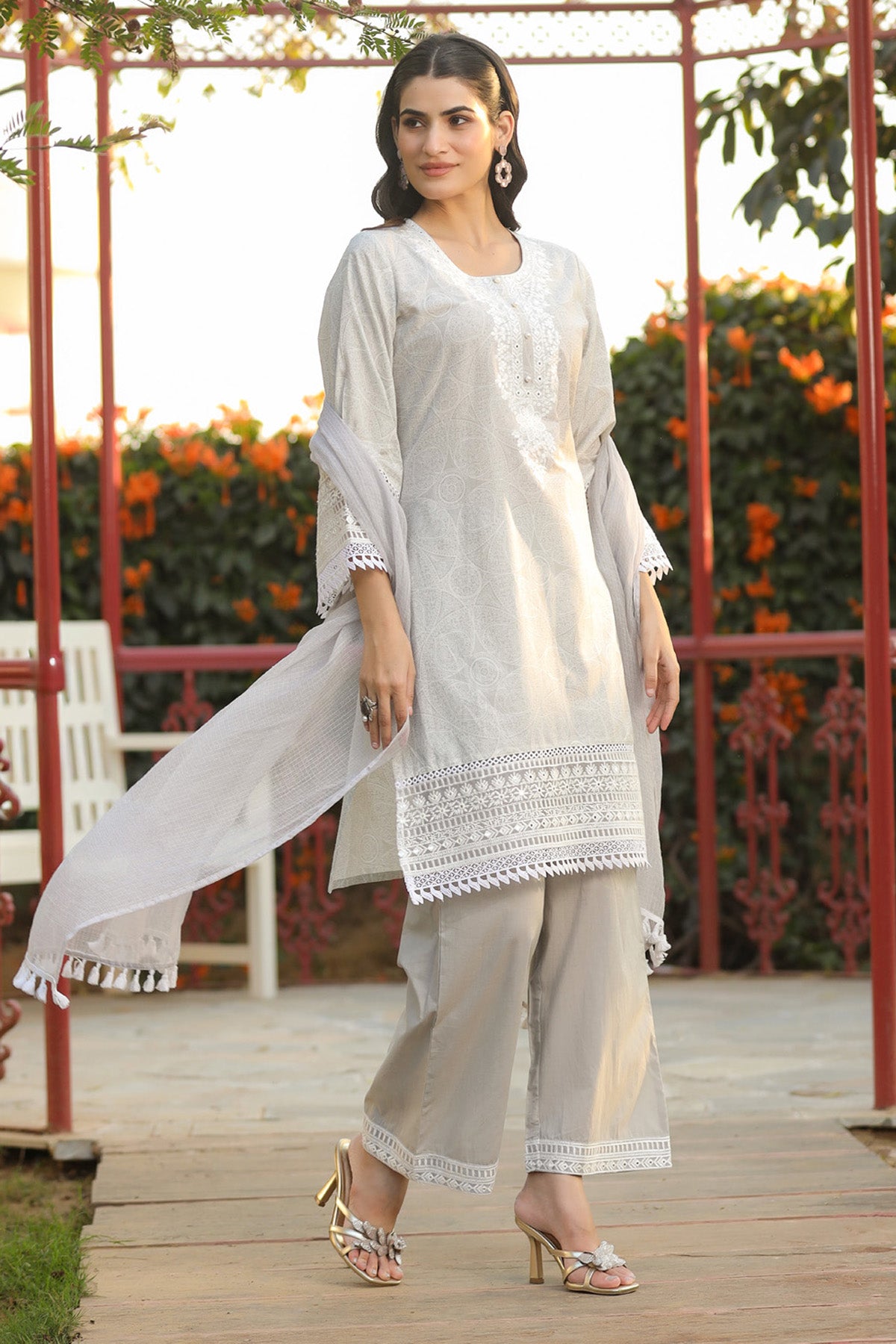 Grey Cotton Embroidered Kurta Set With Dupatta