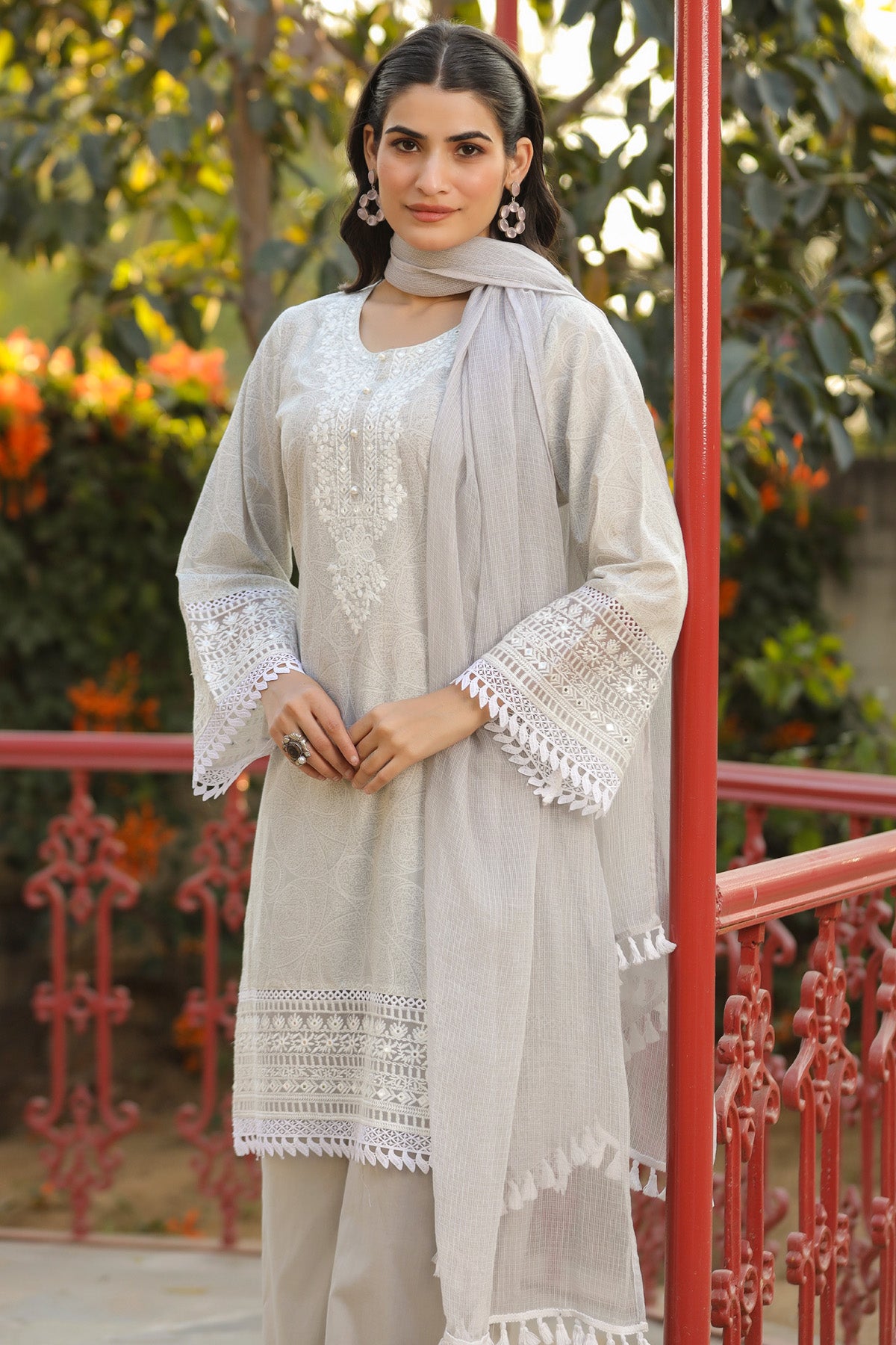 Grey Cotton Embroidered Kurta Set With Dupatta
