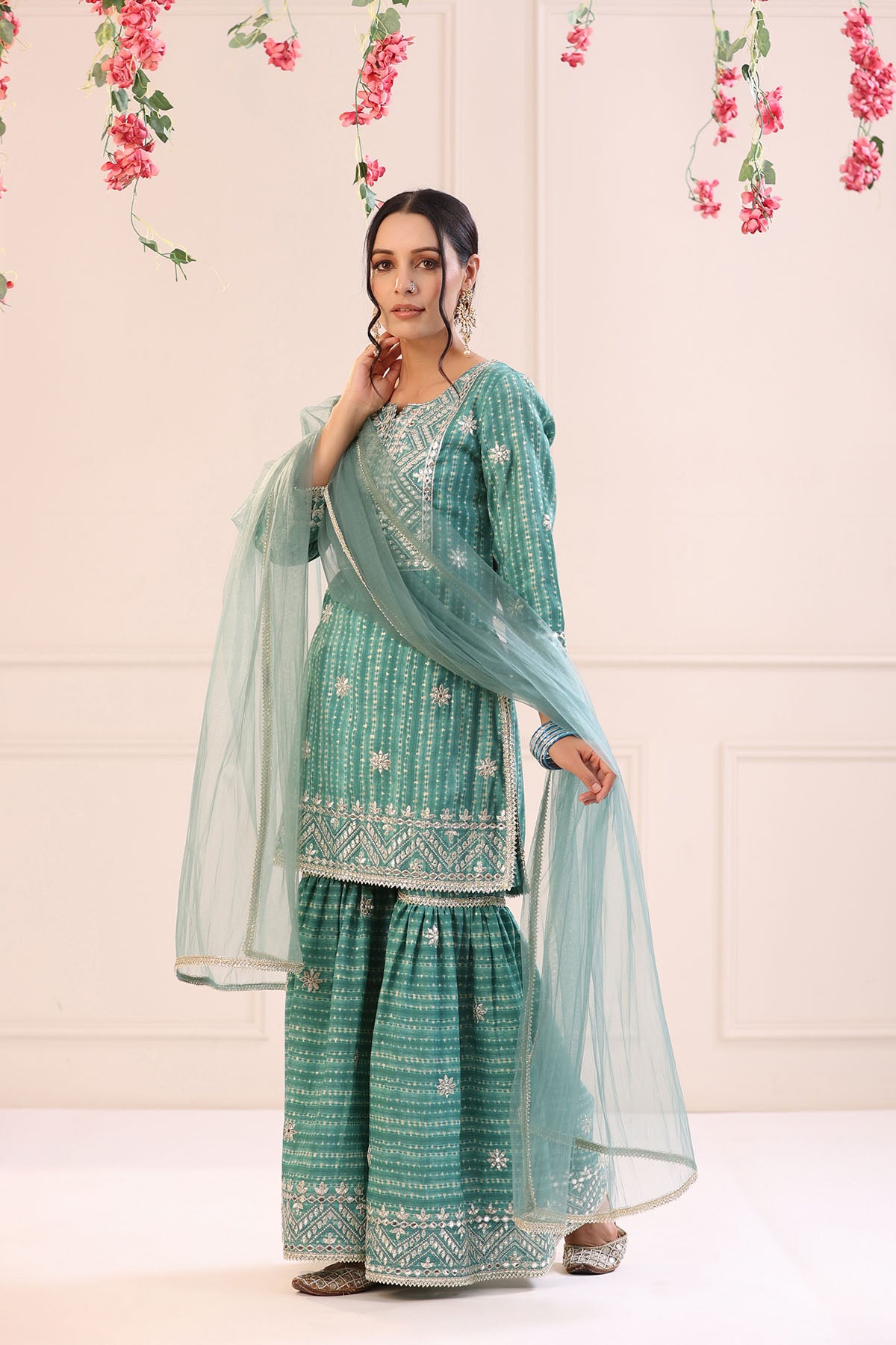 Sea Green Muslin Embroidered Sharara Set