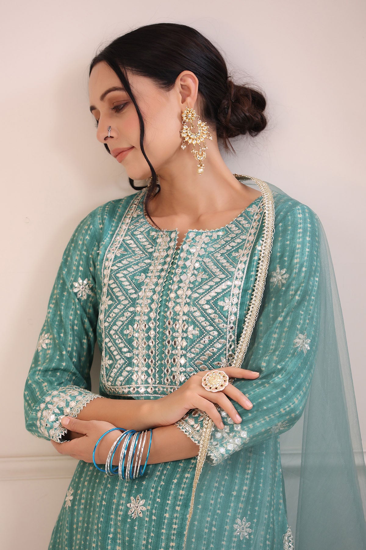 Sea Green Muslin Embroidered Sharara Set