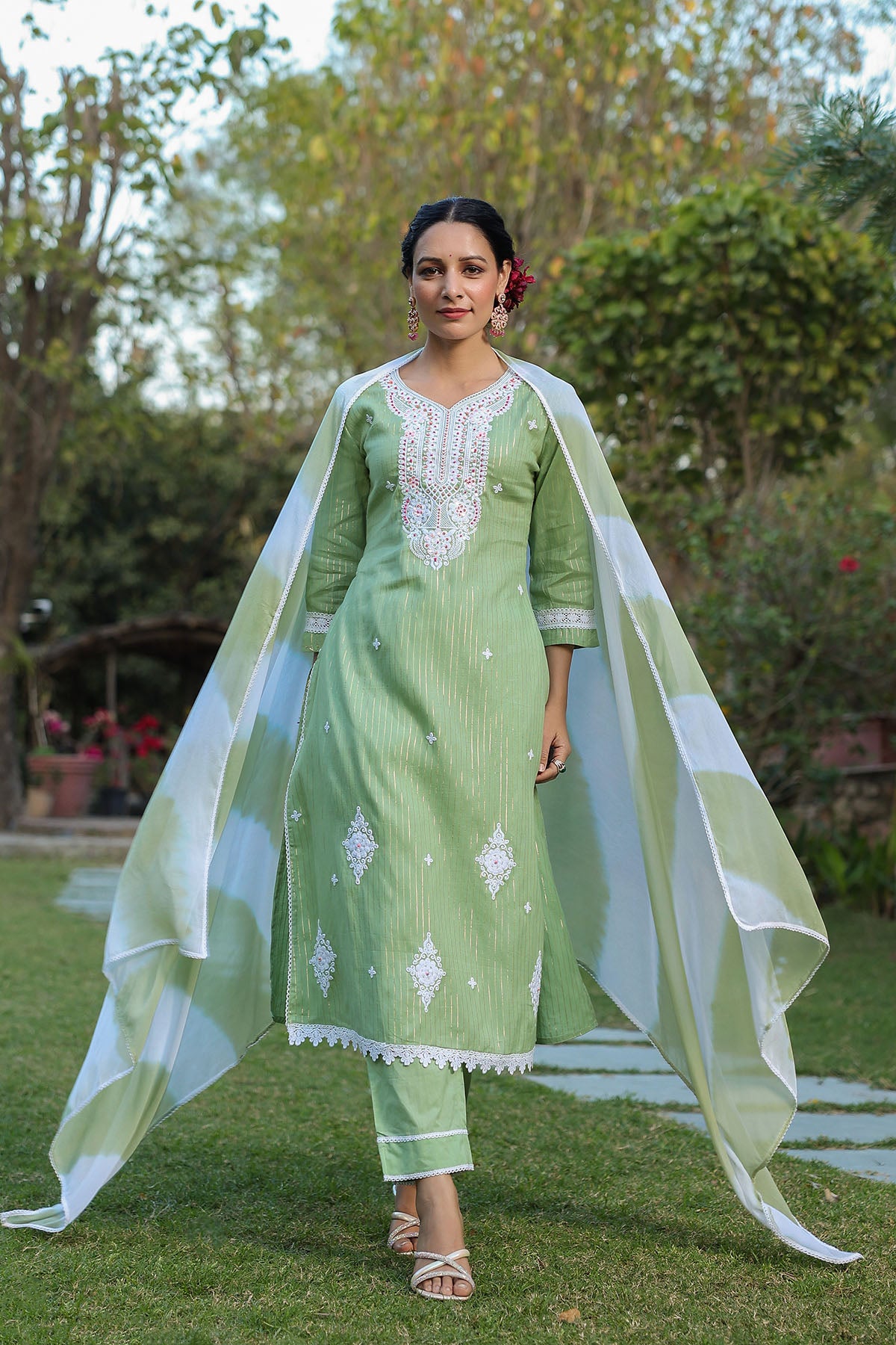 Green Cotton Handwork Straight Suit