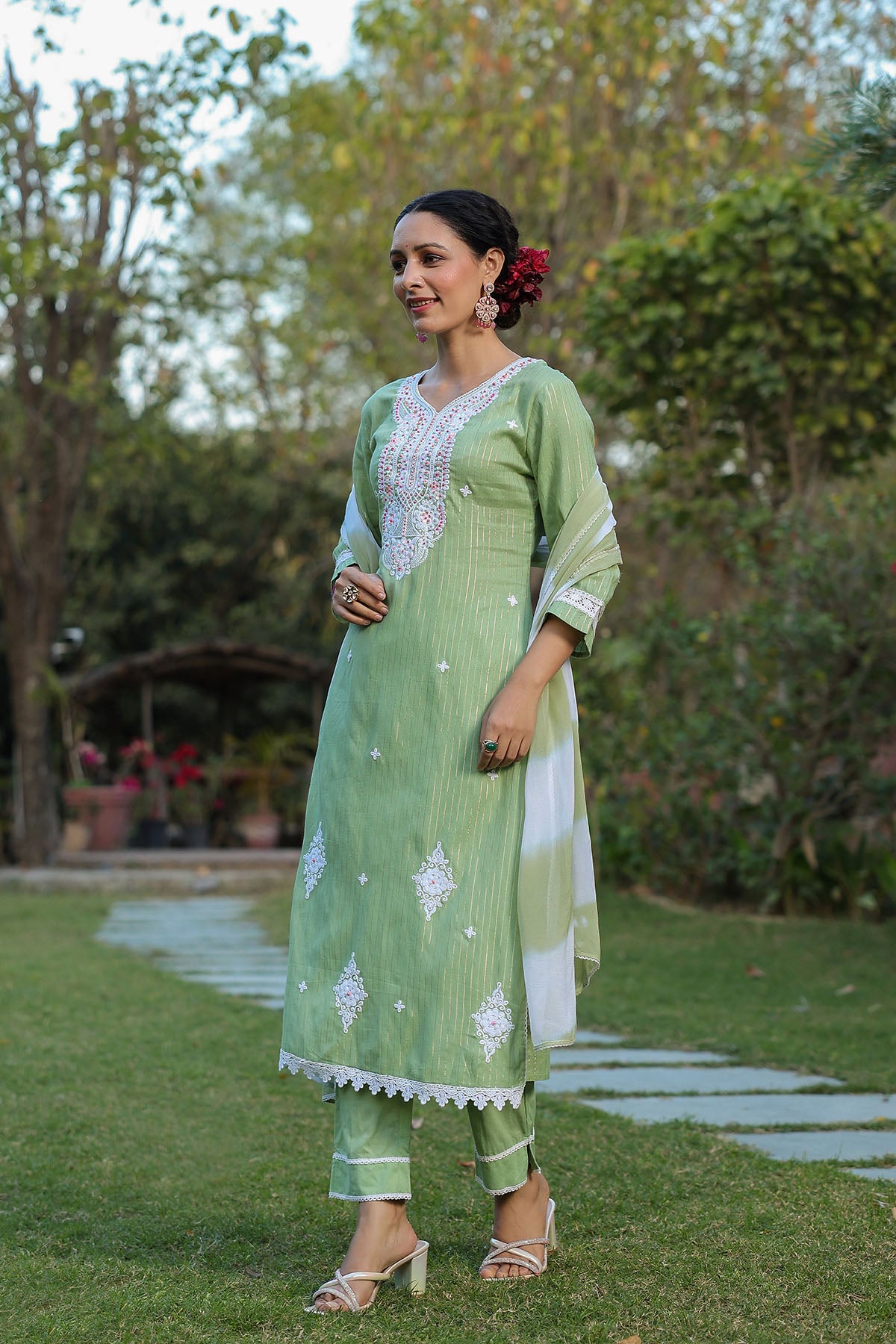 Green Cotton Handwork Straight Suit