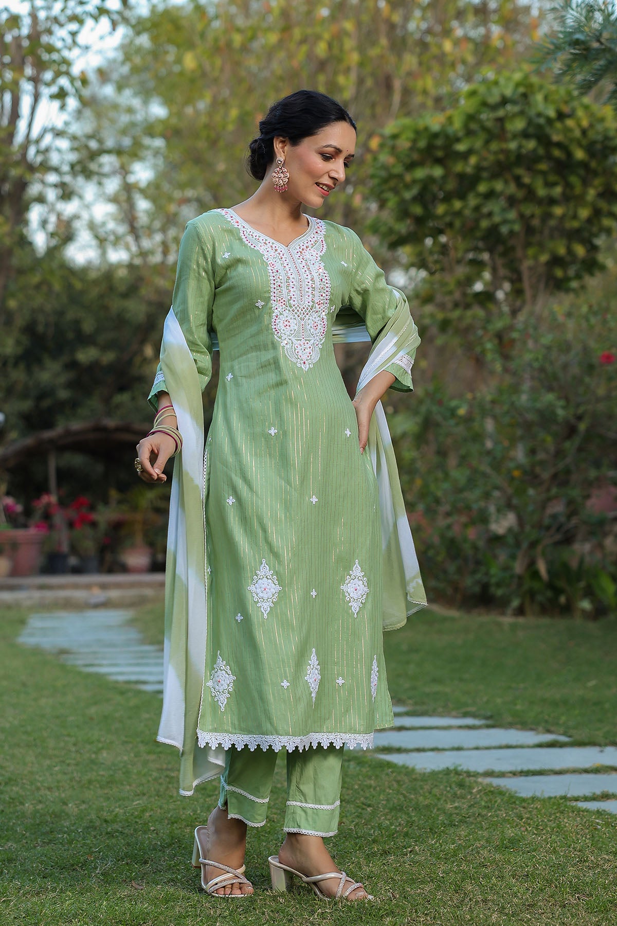 Green Cotton Handwork Straight Suit