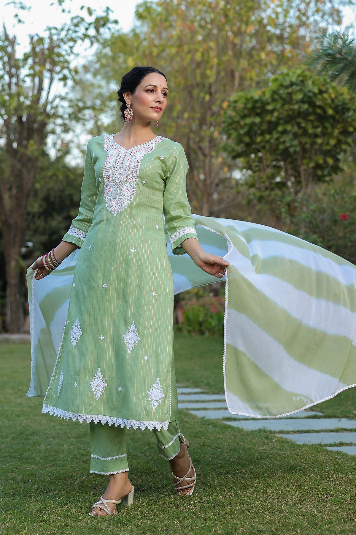 Green Cotton Handwork Straight Suit