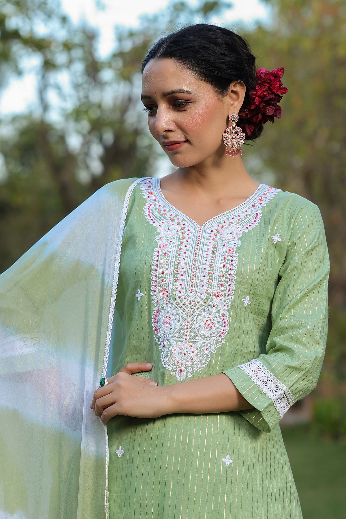 Green Cotton Handwork Straight Suit