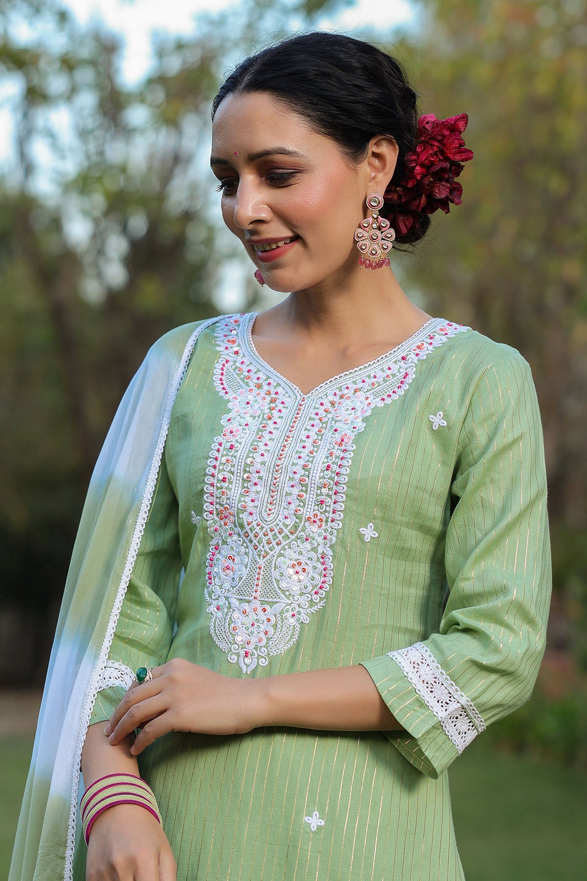 Green Cotton Handwork Straight Suit