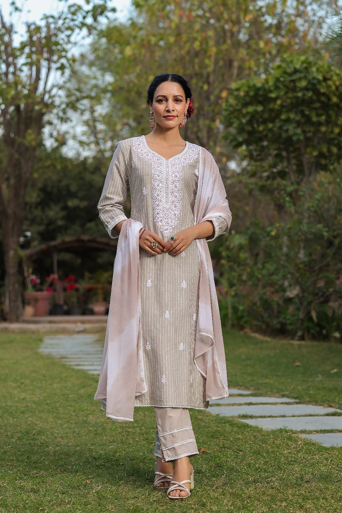 Grey Cotton Handwork Straight Suit