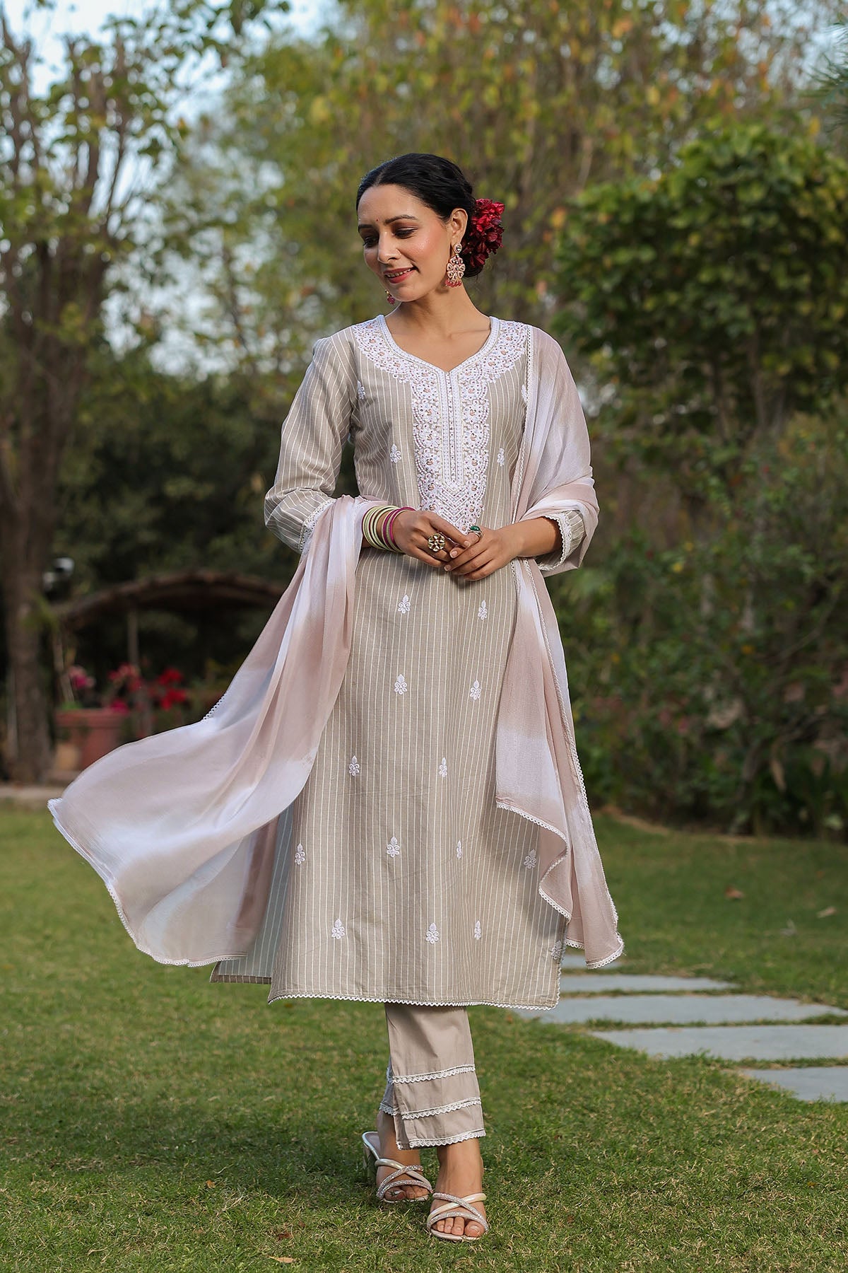 Grey Cotton Handwork Straight Suit