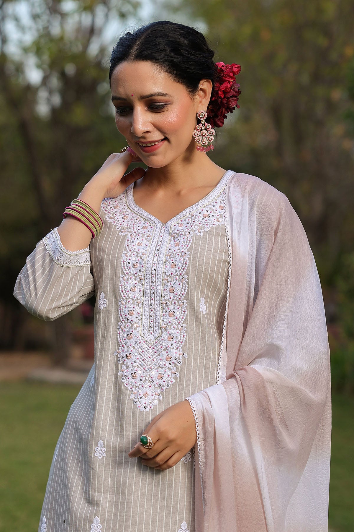 Grey Cotton Handwork Straight Suit