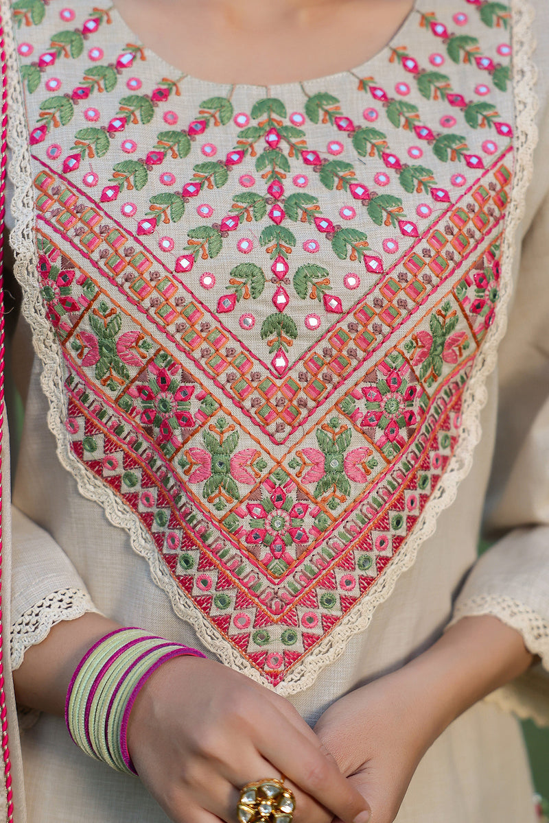Beige Embroidered Cotton Kurta And Palazzo Set