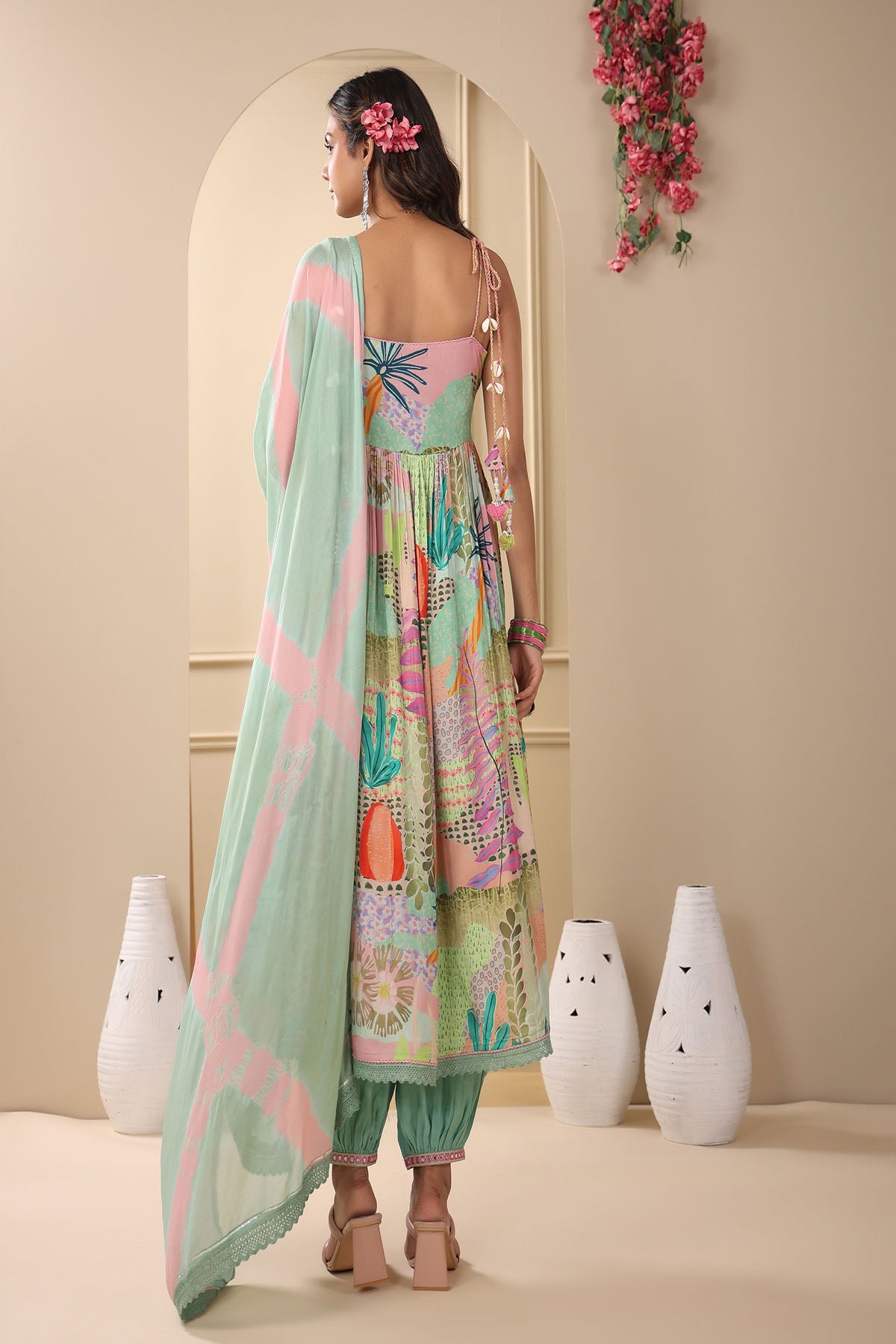 Green Muslin Embroidered Flared Suit Set