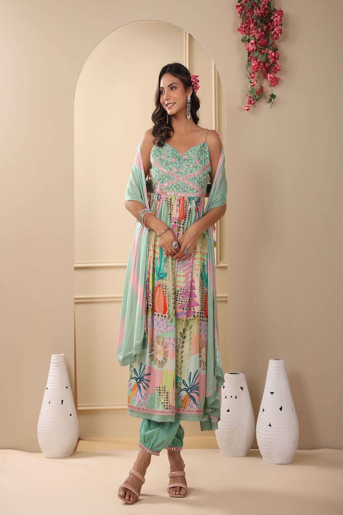 Green Muslin Embroidered Flared Suit Set