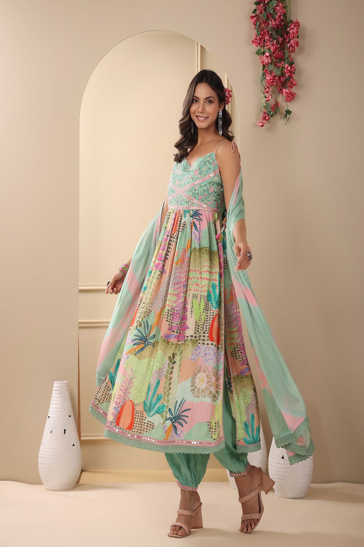Green Muslin Embroidered Flared Suit Set