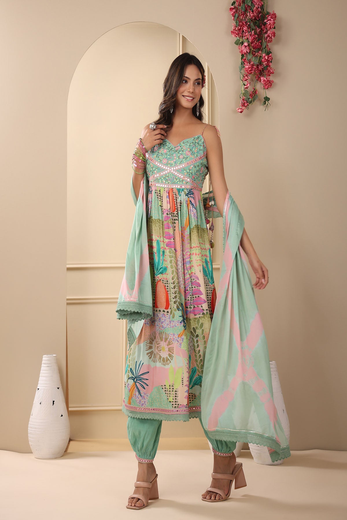 Green Muslin Embroidered Flared Suit Set