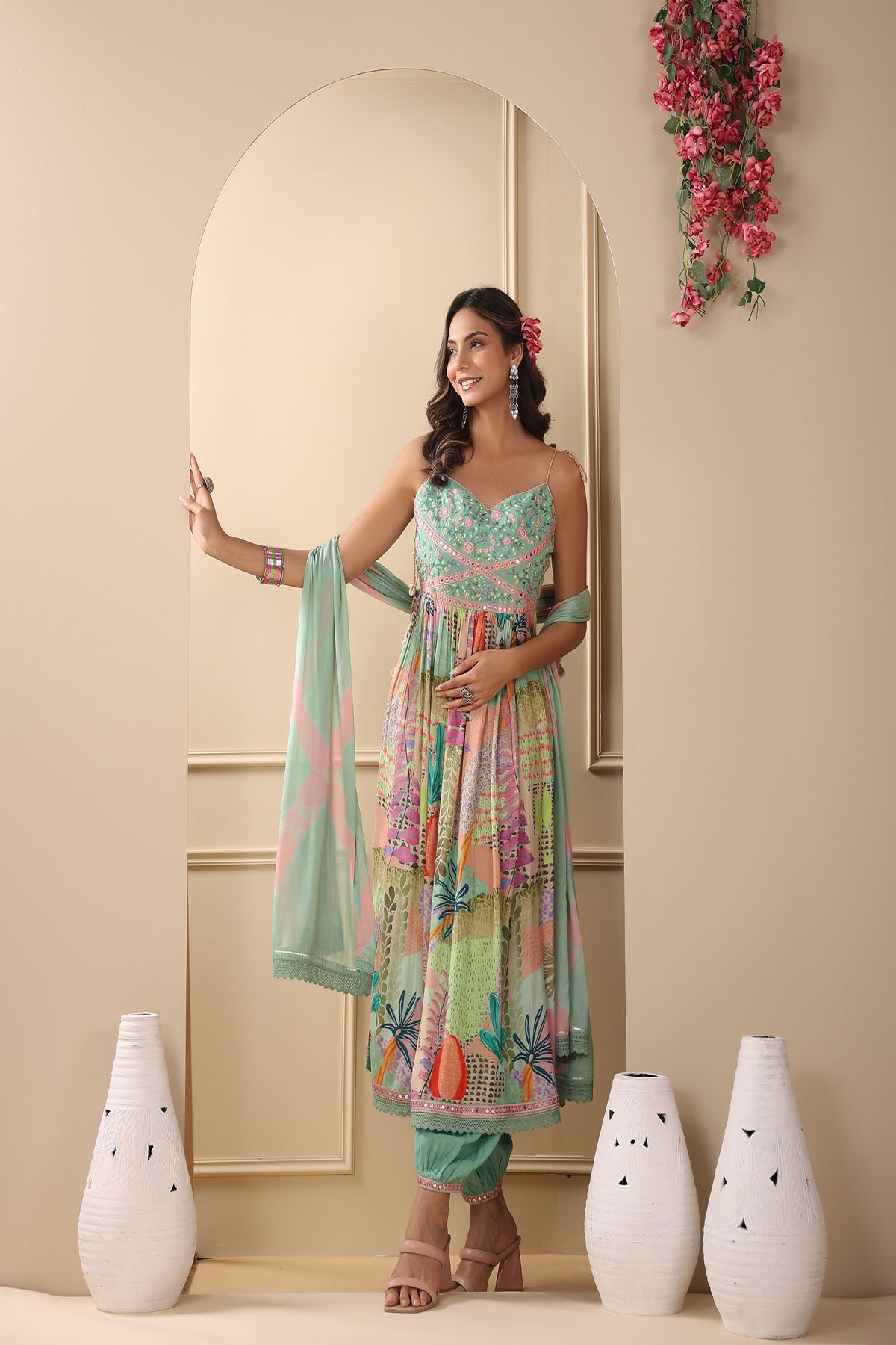 Green Muslin Embroidered Flared Suit Set
