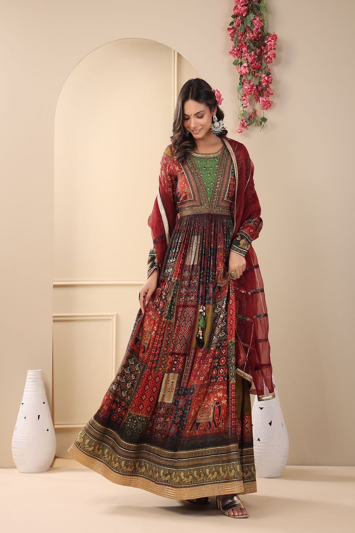 Maroon Multicolour Muslin Handwork Gown Set