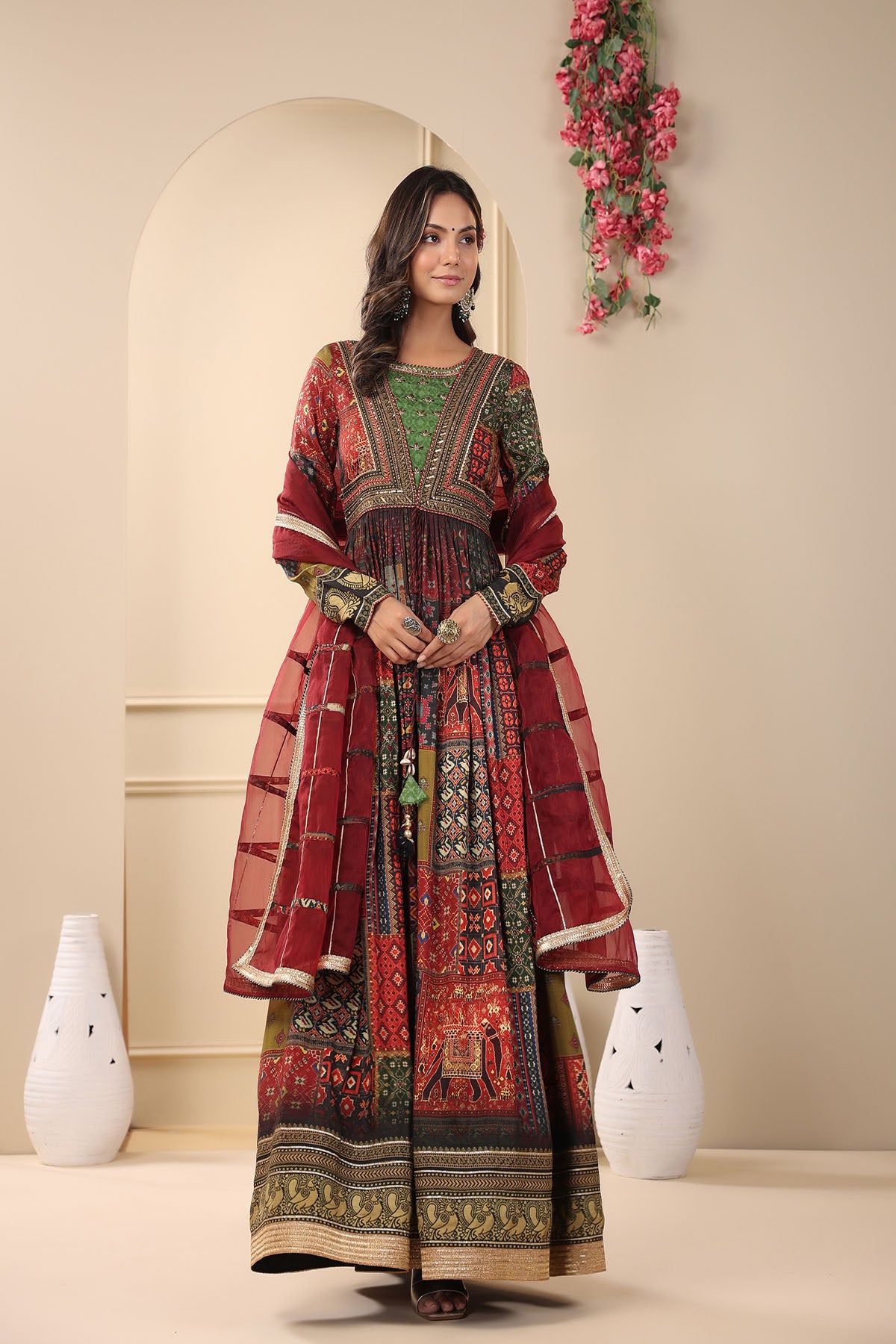 Maroon Multicolour Muslin Handwork Gown Set