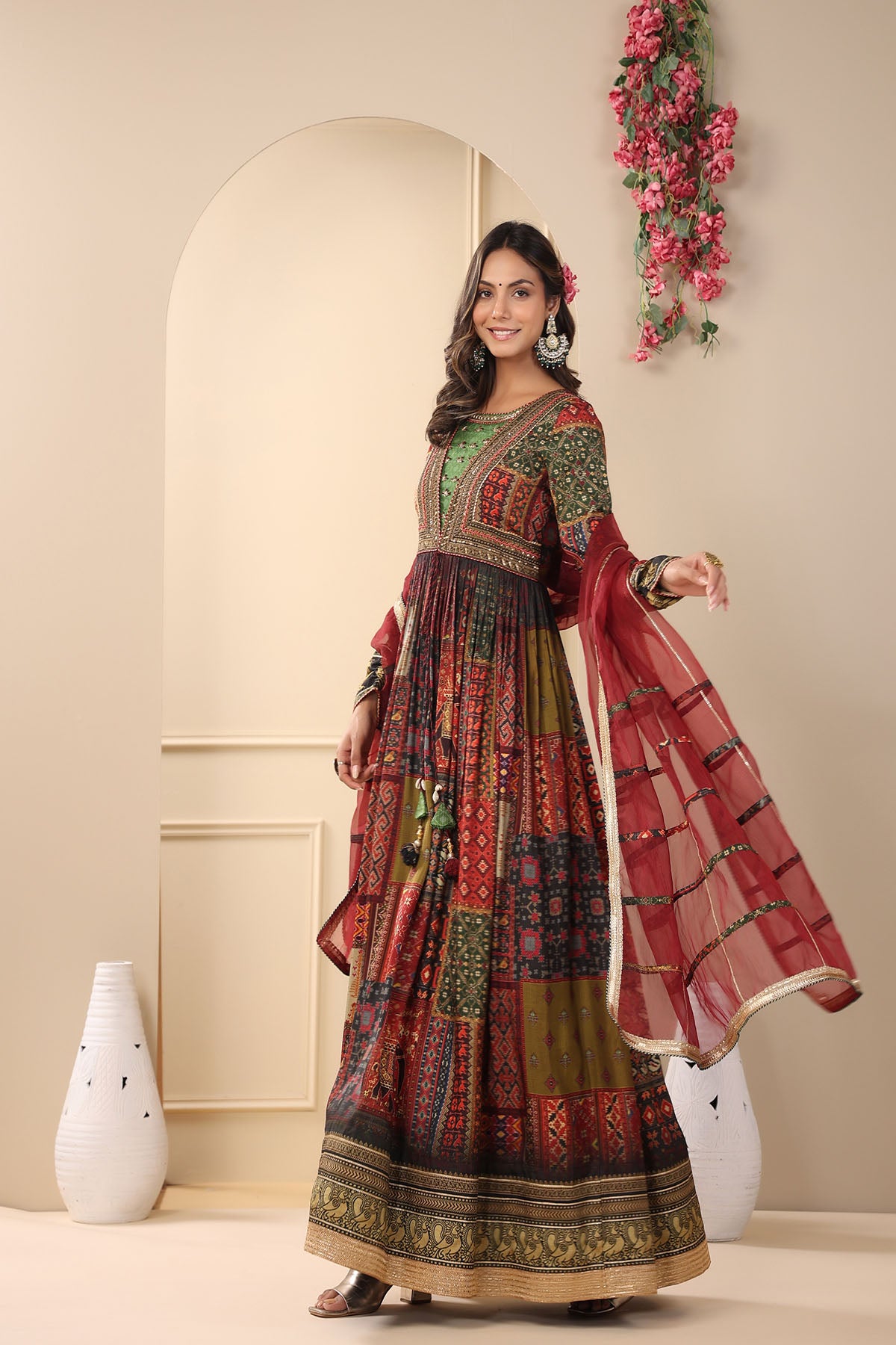Maroon Multicolour Muslin Handwork Gown Set