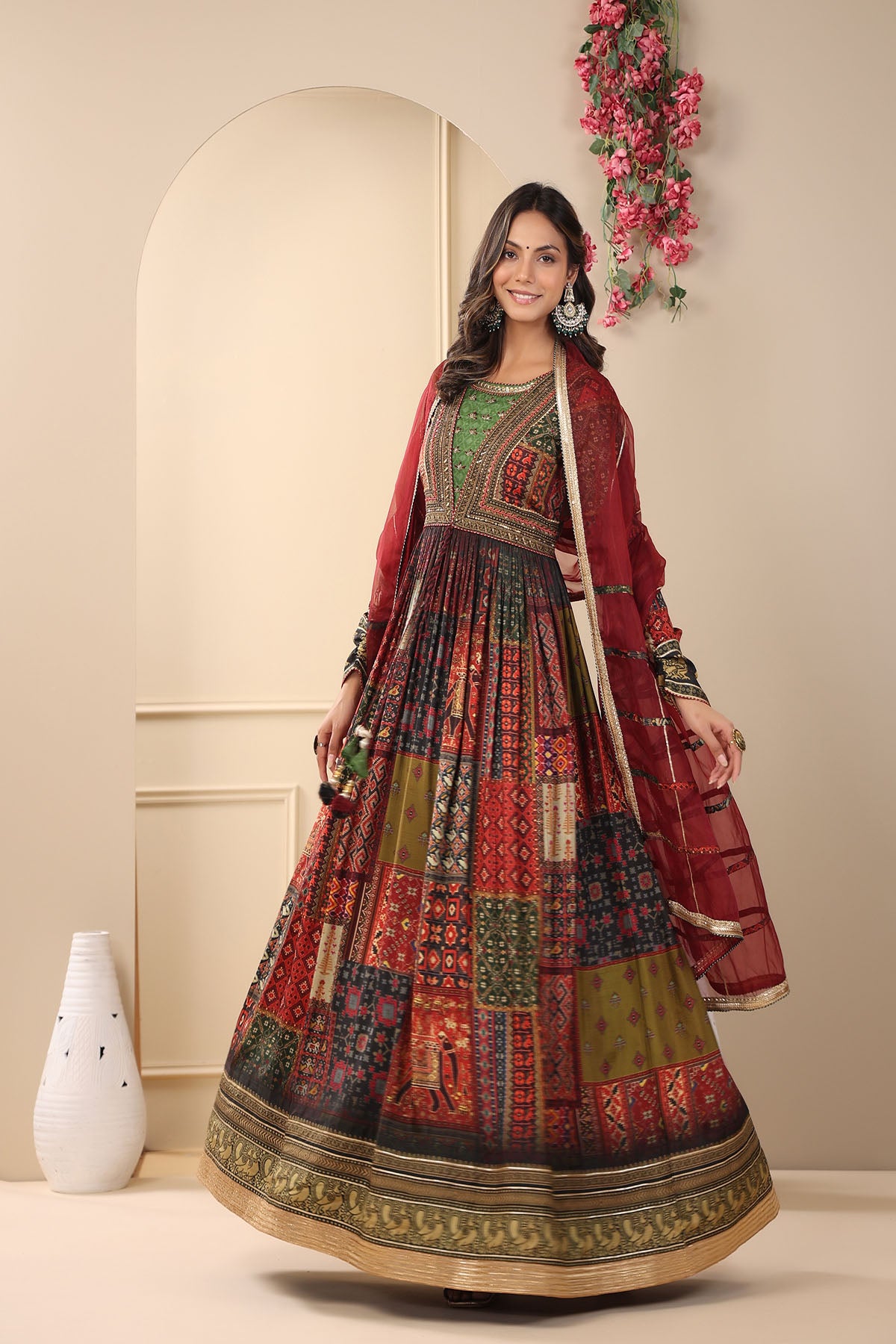 Maroon Multicolour Muslin Handwork Gown Set
