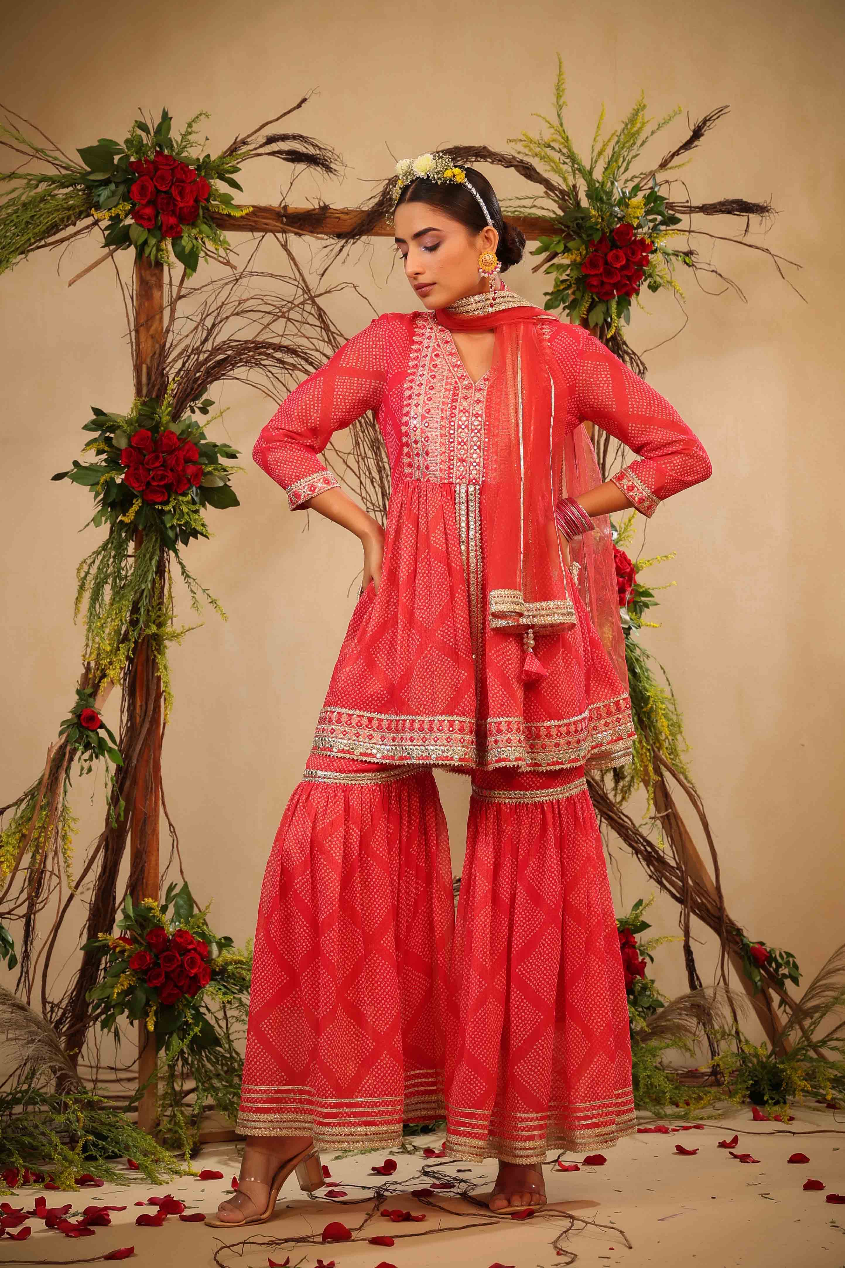 Red Chinon Gotapatti Sharara Set