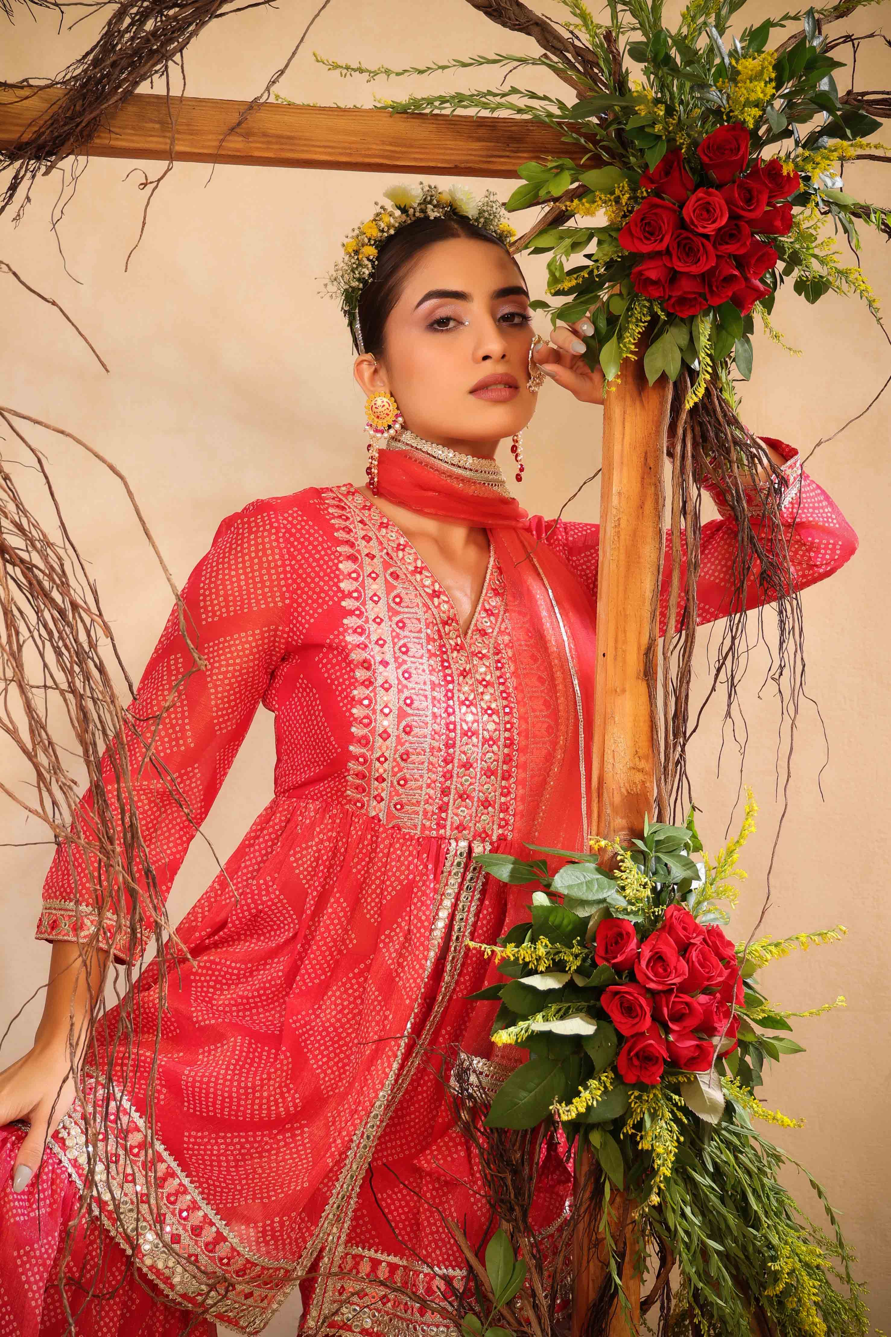Red Chinon Gotapatti Sharara Set