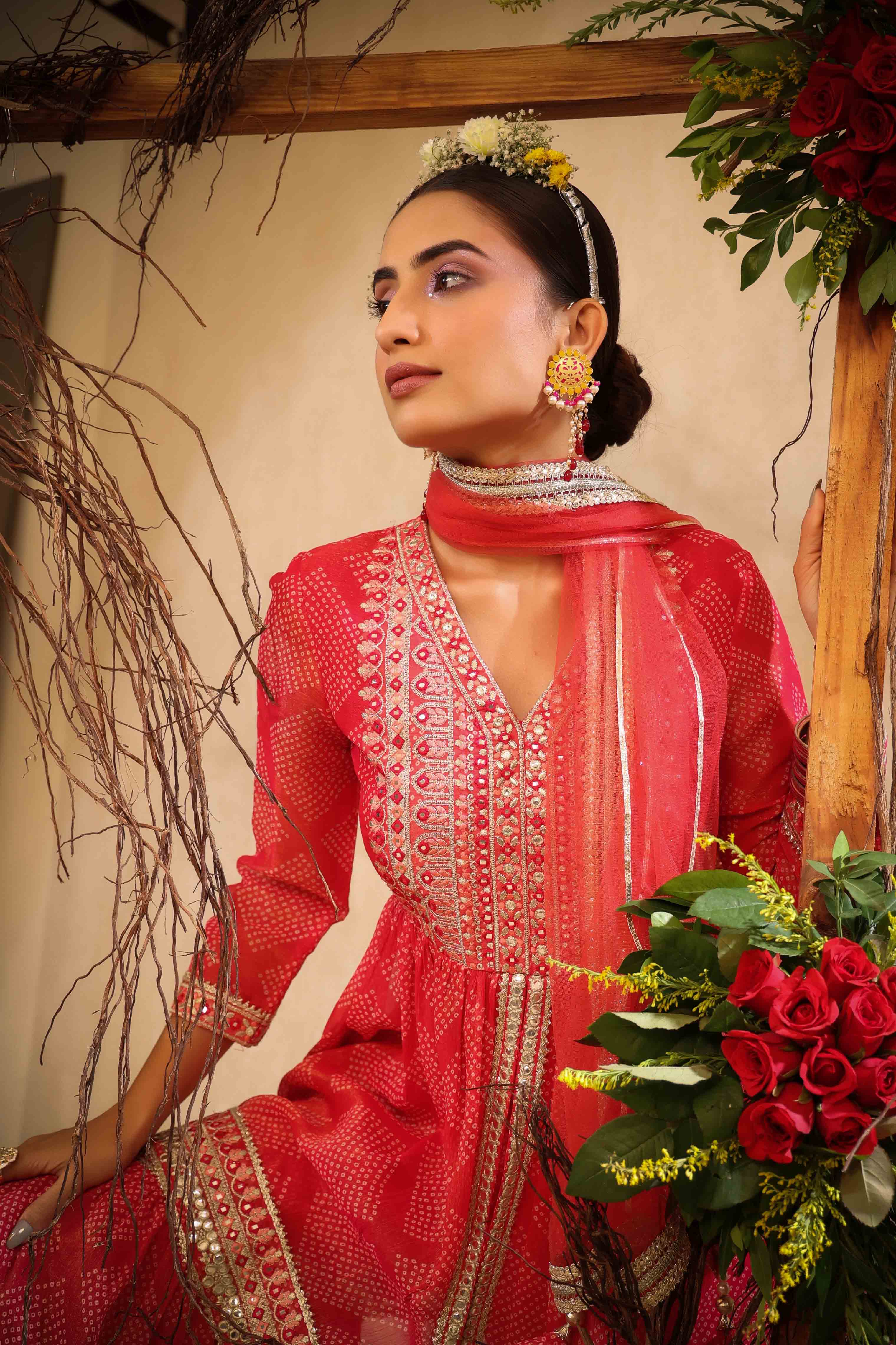 Red Chinon Gotapatti Sharara Set