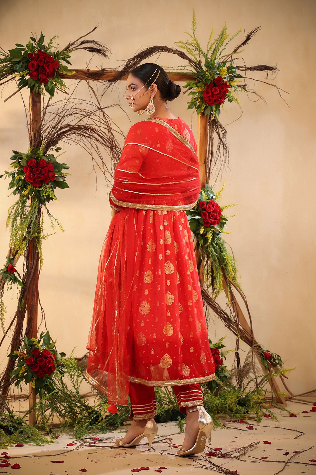 Red Chinon Handwork Suit Set