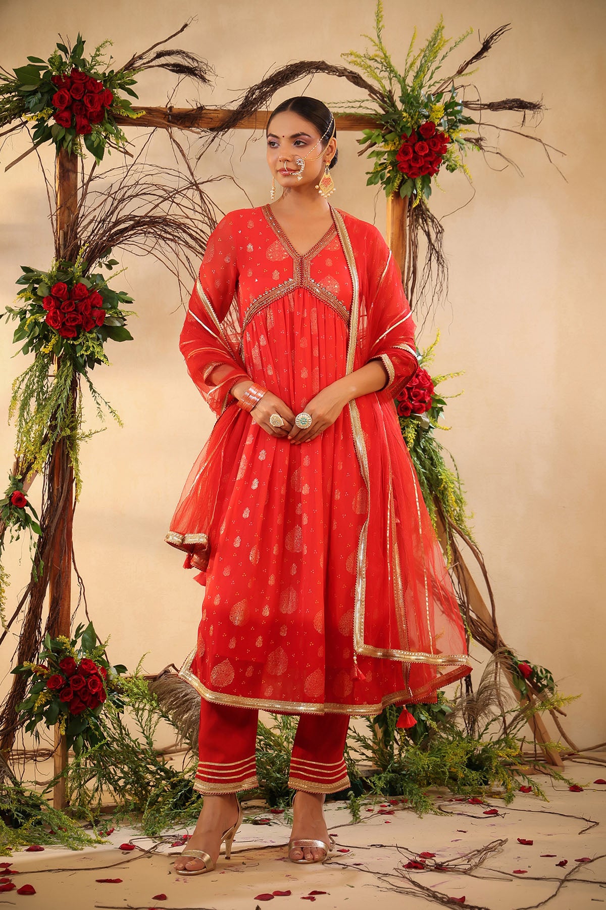 Red Chinon Handwork Suit Set