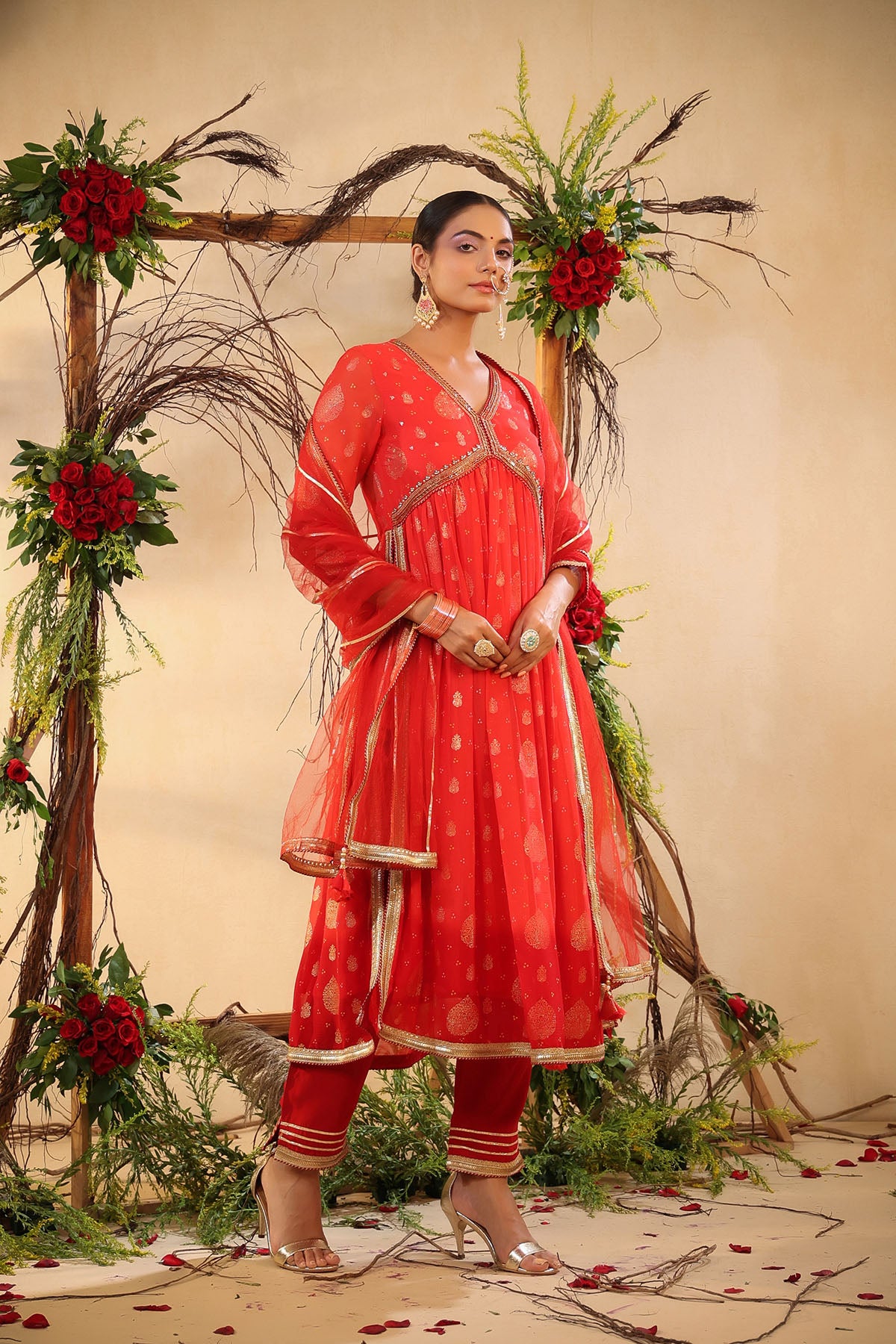 Red Chinon Handwork Suit Set