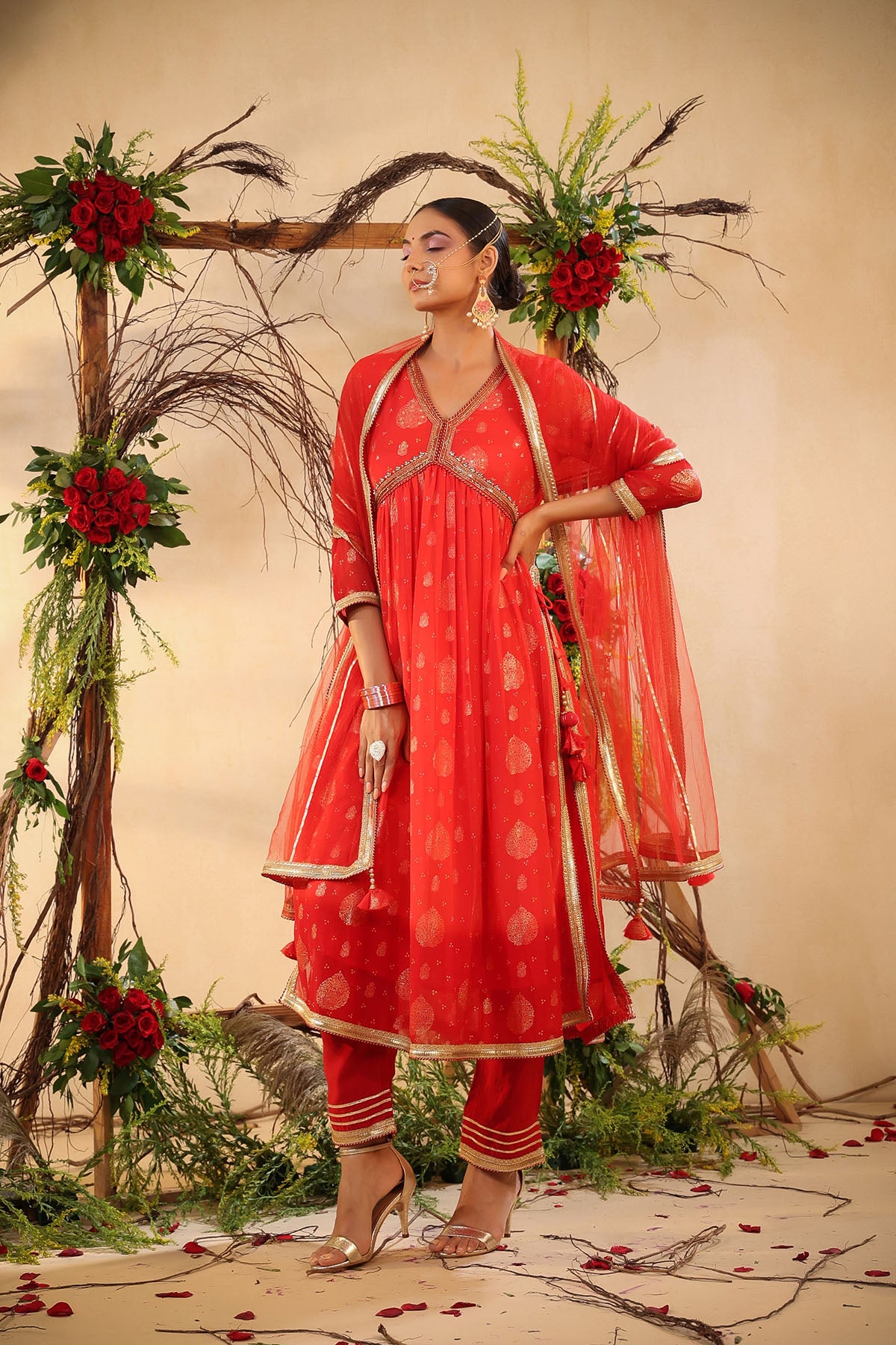 Red Chinon Handwork Suit Set