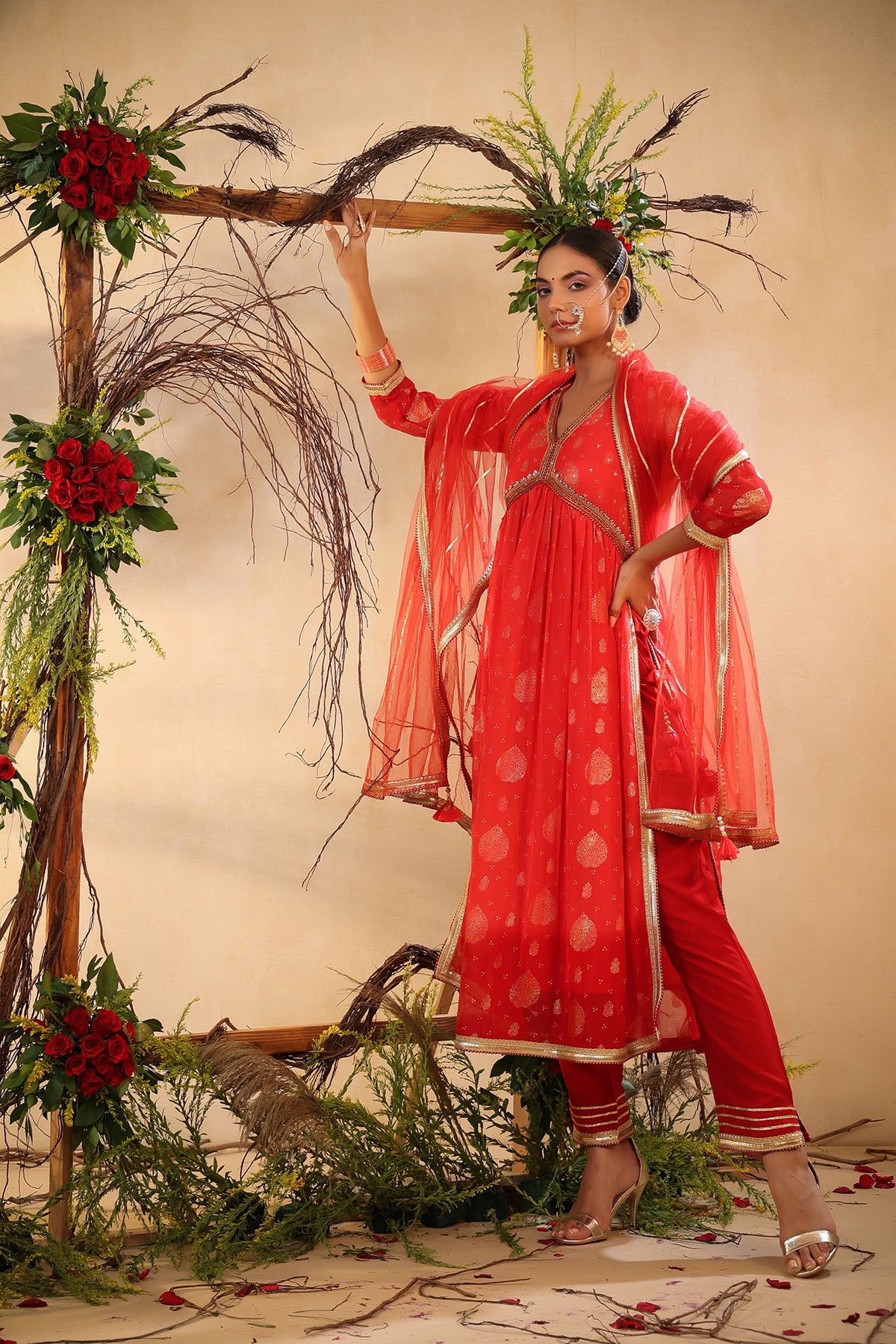 Red Chinon Handwork Suit Set
