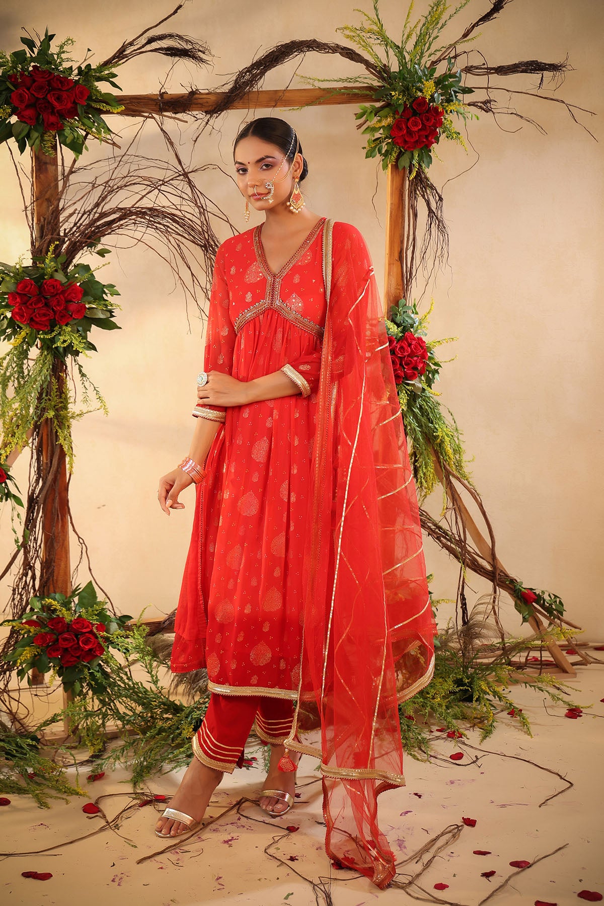 Red Chinon Handwork Suit Set