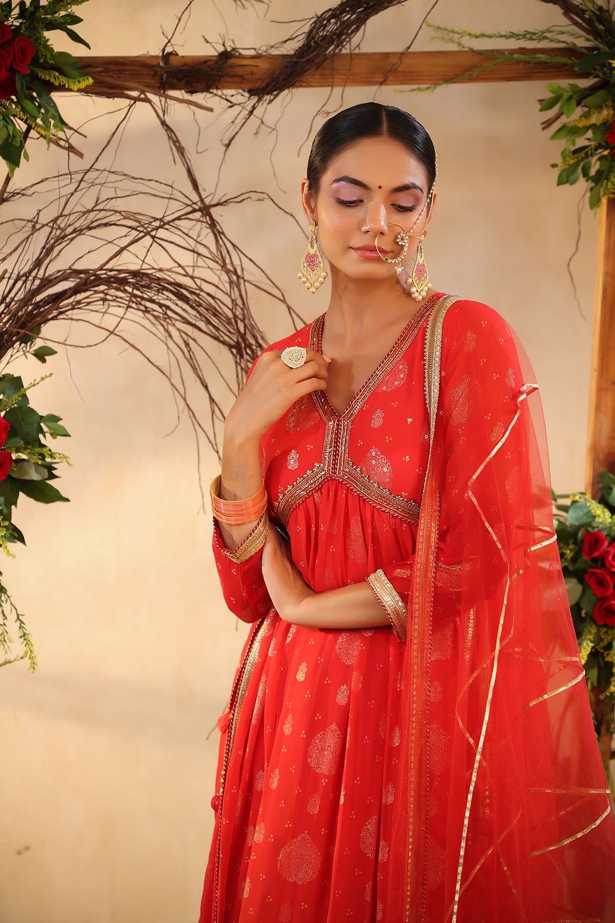 Red Chinon Handwork Suit Set