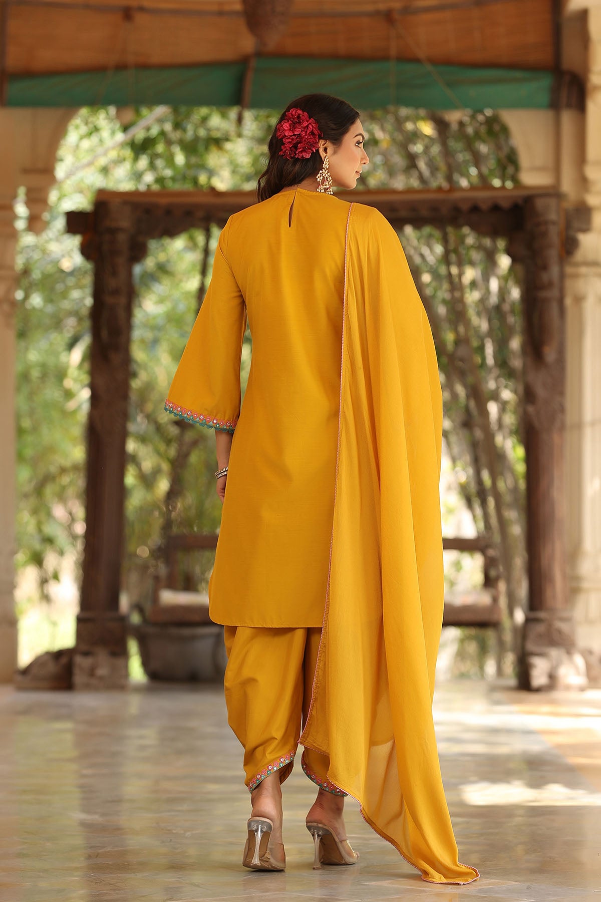 Yellow Cotton Embroidered Straight-Cut Suit