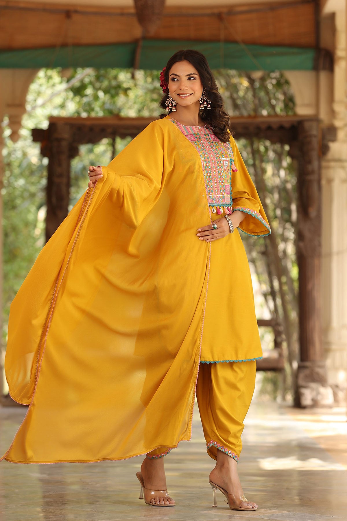 Yellow Cotton Embroidered Straight-Cut Suit