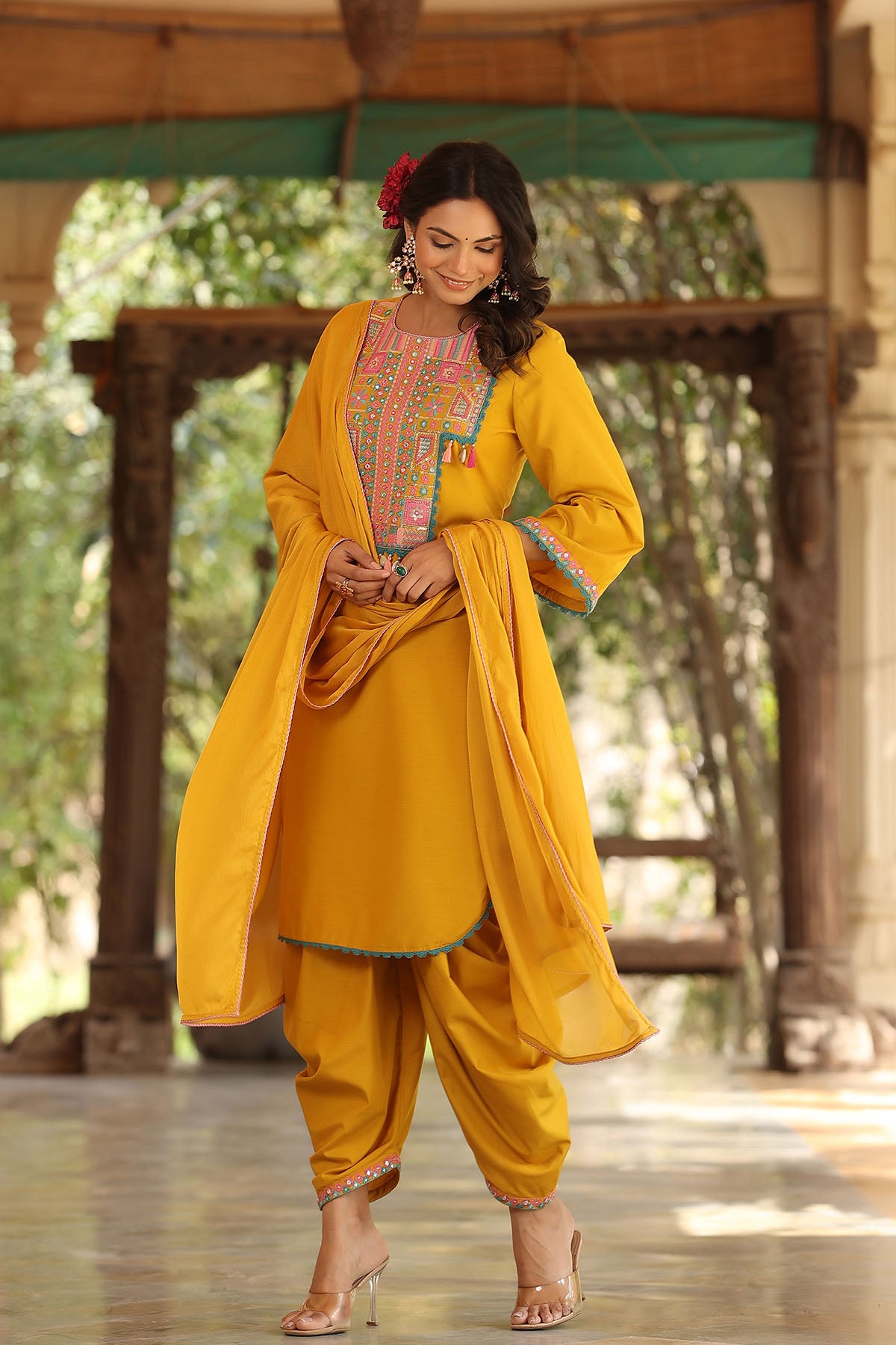 Yellow Cotton Embroidered Straight-Cut Suit