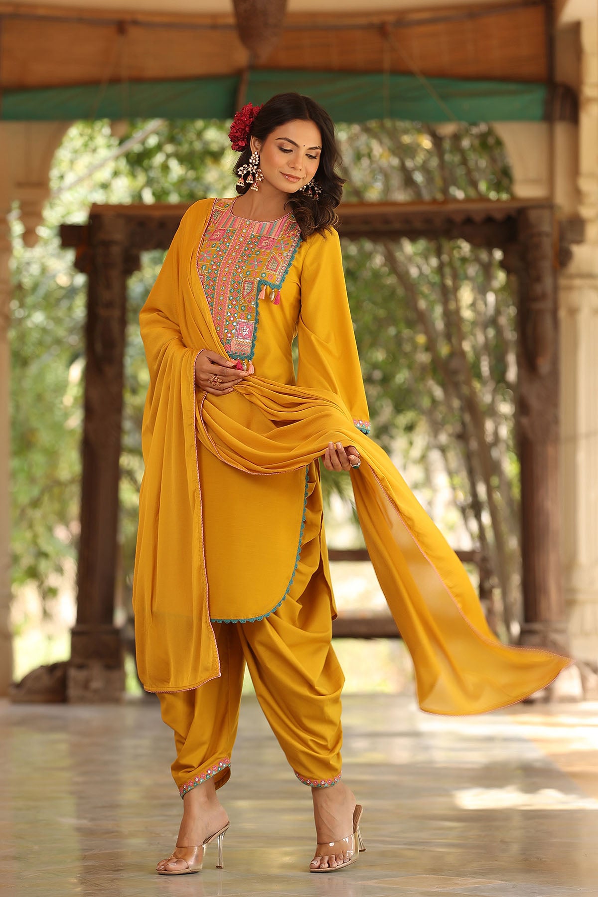 Yellow Cotton Embroidered Straight-Cut Suit