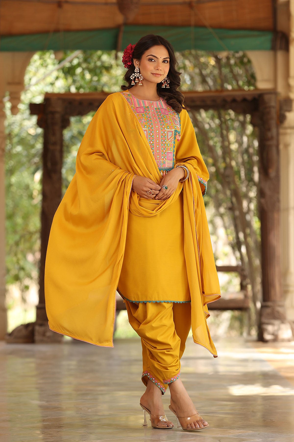 Yellow Cotton Embroidered Straight-Cut Suit