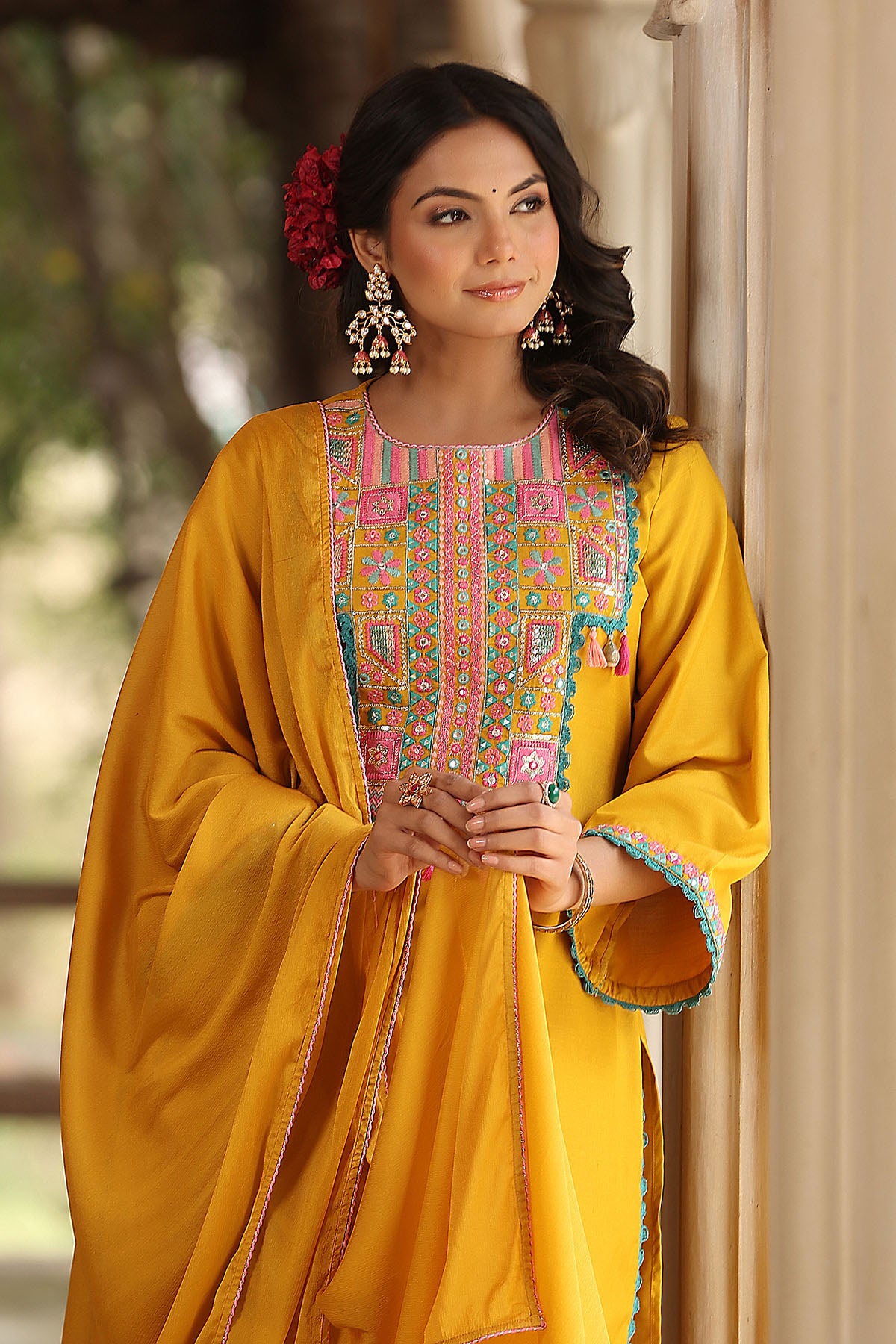 Yellow Cotton Embroidered Straight-Cut Suit